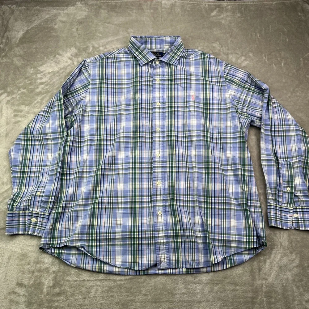 Polo Ralph Lauren Classic Fit Shirt Mens‎ 2XL Blue Green Plaid Cotton Stretch